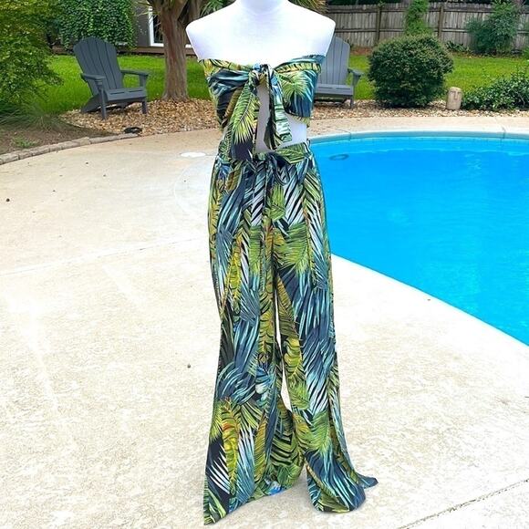Shein high waist palazzo pants and front tie top matching set/ swimsuit cover up - Picture 1 of 13